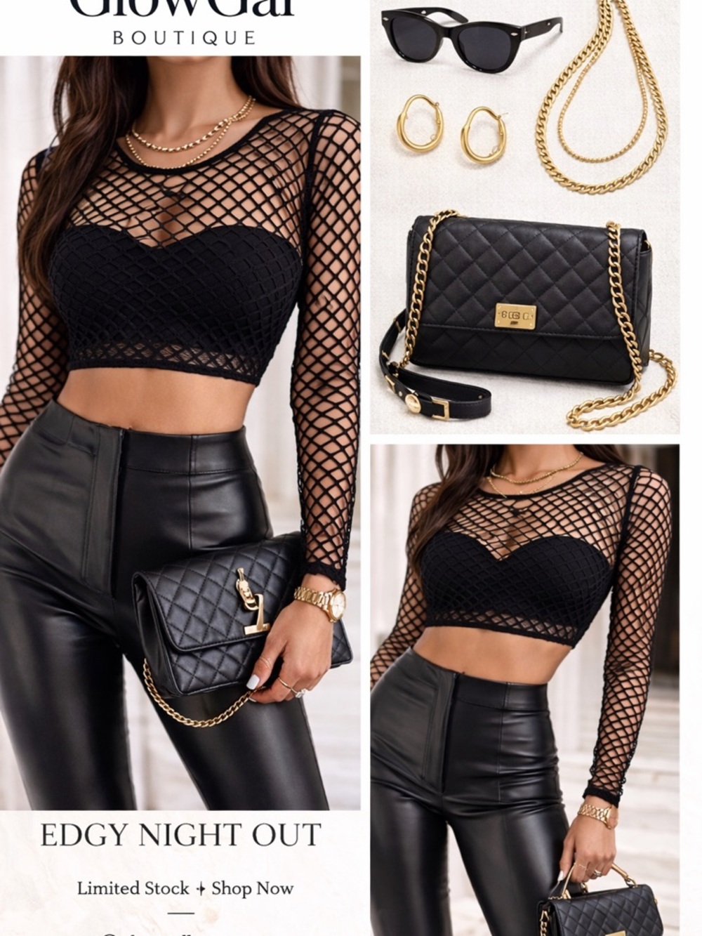 GlowGal Black Fishnet Crop Top with Built-In Bralette